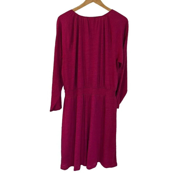 LulaRoe Hot Pink Midi Dress XL Draped Keyhole V Neck Long Balloon Sleeve Stretch - Picture 2 of 6